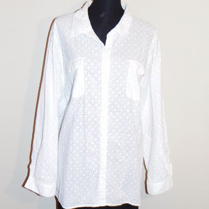 3X Liz & Me White Embroidered Buttoned Top EUC